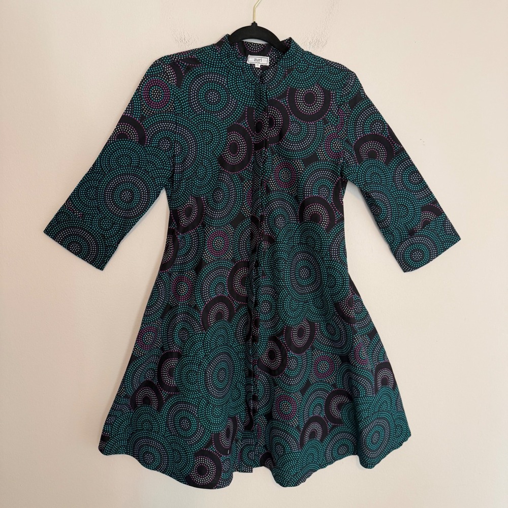 Zuri Kenya Zodiac Pattern‎ swing dress cotton XS button long sleeve artsy boho